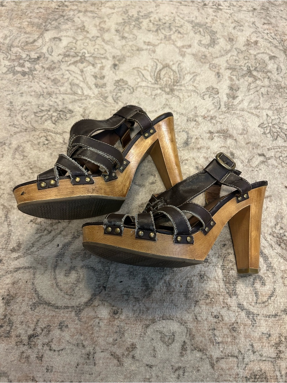Women's Dark Brown Leather Strap Platform Heels